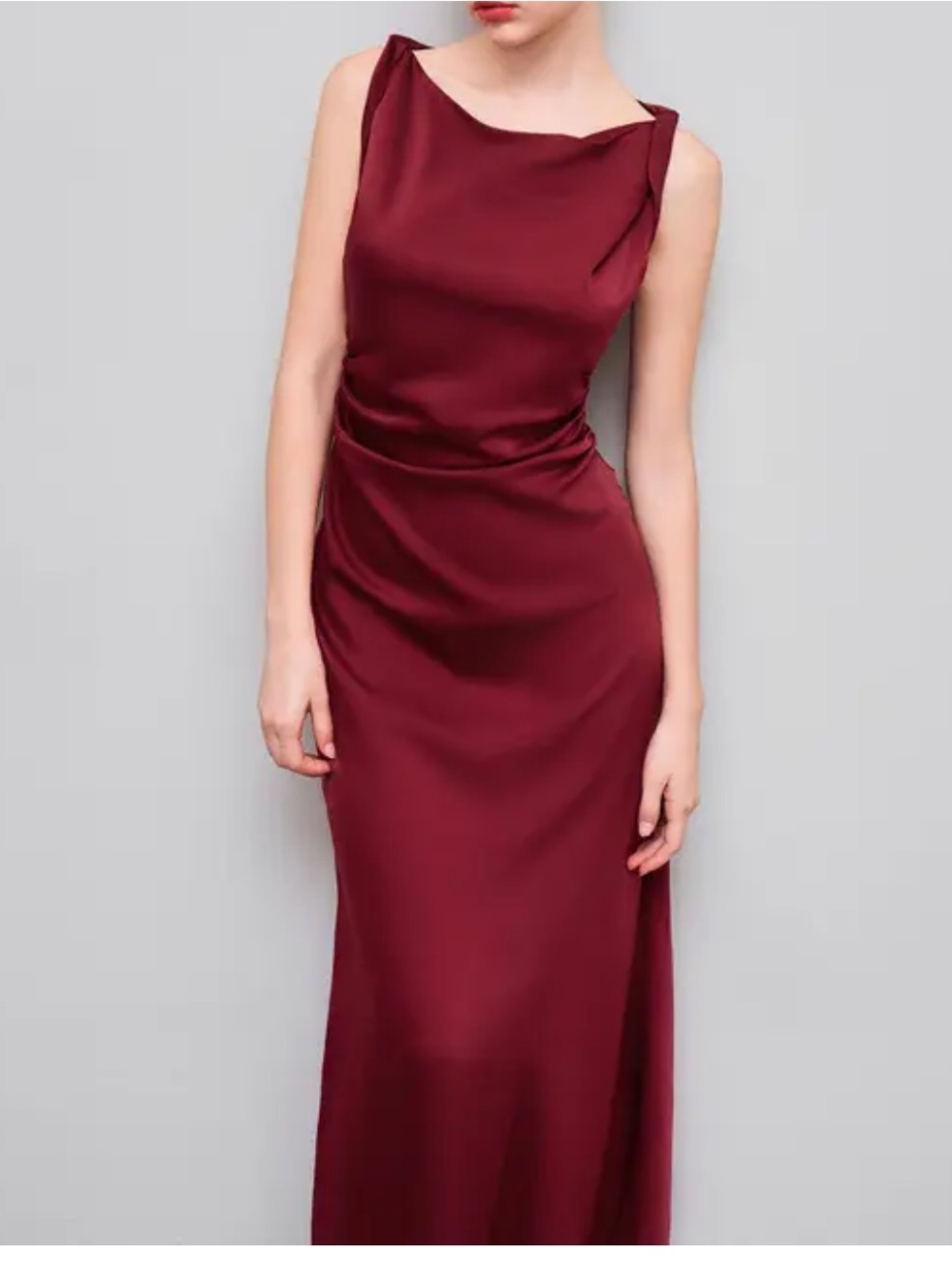 Cider Satin Boat Neck Ruched Maxi Dress